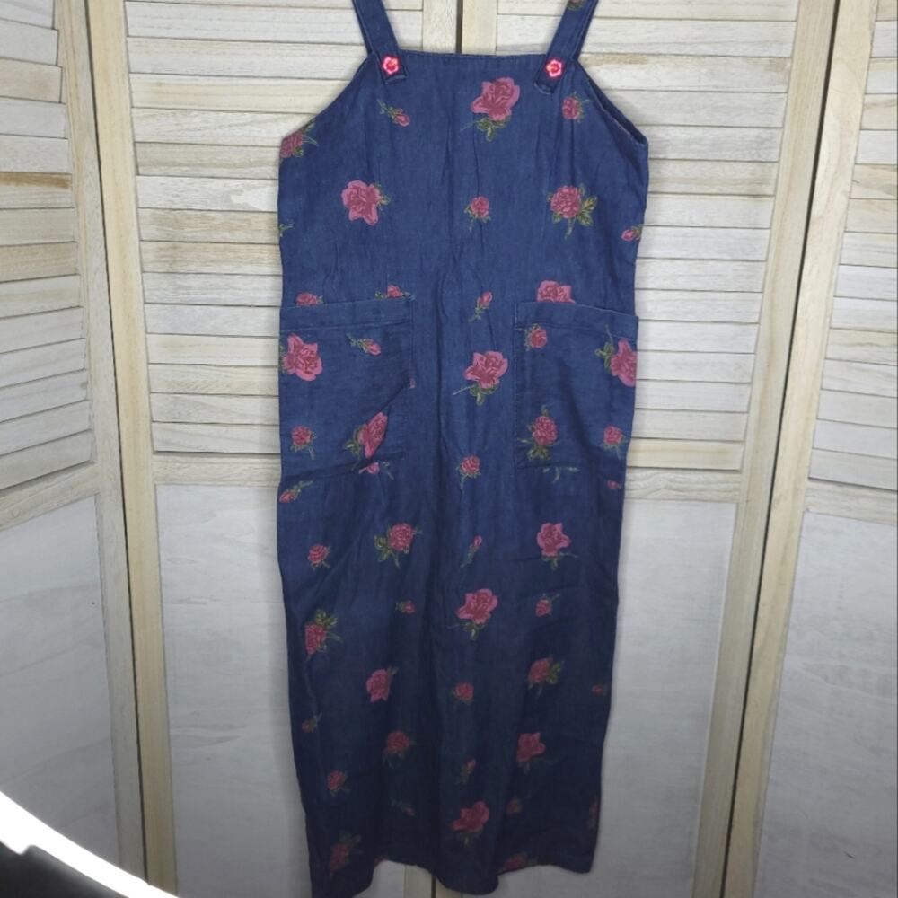 VTG Floral Chambray Jumper Long Dress Rose Maxi 10 / 12 Large Womens 80s 90s